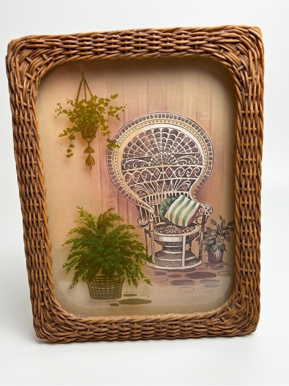 Vtg Boho RattanWicker Frame Picture Wall Hanging Peacock Chair Wall Hanging Art